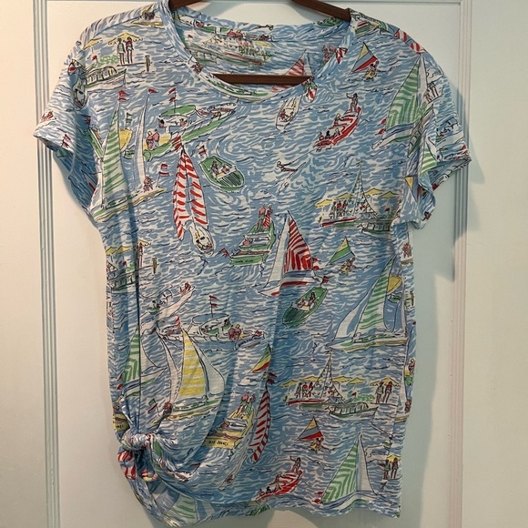 Lilly Pulitzer Glin Side Tie Nautical Print Blue Top on Het Nauti Size Medium - Picture 2 of 7